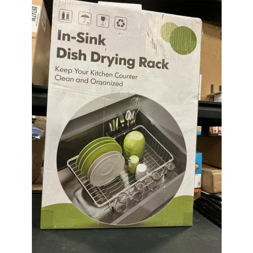 Over the Sink Expandable Dish Drainer Drying Rack In Stainless Steel for Small Kitchen, Counter Space Saving Modern Compact Metal Above Plate Dryer Strainer, Adjustable Hanging Inside Drain Holder
