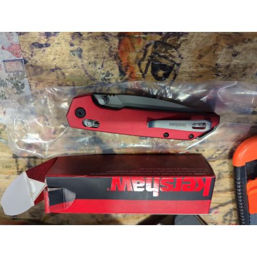 Kershaw Iridium Pocket Knife, Red Design, 3.4 Inch Steel Spear Point Blade, EDC with Thumb Stud Opening, Reversible Deep Carry, DuraLock, Everyday Carry Pocket Knife for Men and Women