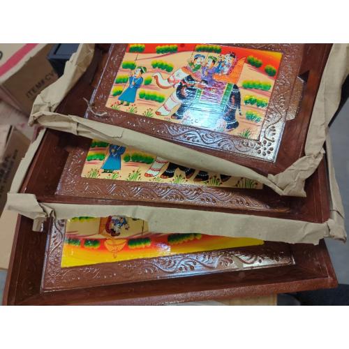 Swadeshi Blessings Wooden Serving Tray Set- Handcrafted & Hand-Painted for Kitchen/Table & Home Decor/Dinning/Gifts/Restaurants/Living Room/Coffee Table (Set of 3 Trays) (Brown)