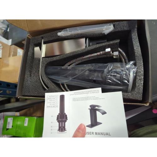 BESy Waterfall Bathroom Faucet, Single Handle Bathroom Vanity Sink Faucet, Rv Faucet Deck Plate, Stainless Steel Brushed Nickel, 1 or 3 Hole with Pop Up Drain