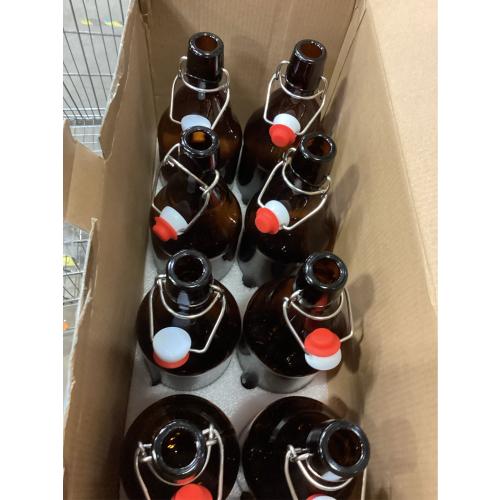 Glass Bottles, Refillable Brown Glass Storage Bottle with Swing Top Lids, Amber Iron Clasp Bottles with Stickers&Pen for Home Brewing, Drinks, Sauces, Industrial products, etc (1000ML, 8 PCS)