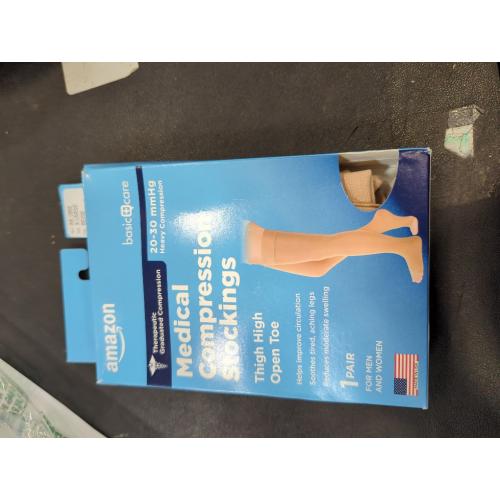 Beige Size XL Amazon Basic Care Medical Compression Stockings, 20-30 mmHg Support, Women & Men Thigh Length Hose, Open Toe, Beige