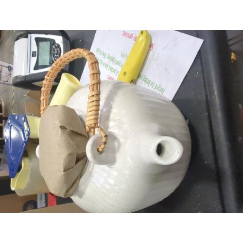 Japanese Porcelain Dobin Teapot -  Mino Ware - Wisteria Vine Handle - White - Made in Japan