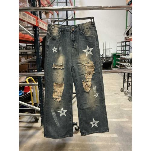 Size S/M Fashion Vintage High Waisted Baggy Wide Leg Ripped Jeans Y2K Star Washed Casual Straight Leg Denim Pants