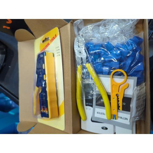 Yellow Wakhow RJ45 Crimp Tool Kit, Ethernet Pass Through Crimper, Network Cat5 Cat6 Cat7 Crimping Tool Repair Kit Includes Cable Tester, Mini Stripper, Blades, 50Pcs Connectors and Strain Relief Boots