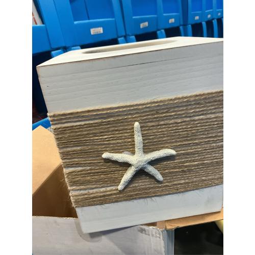 SOMTO Beach Rustic White Wood Square Tissue Box Cover,Farmhouse Bathroom Accessories Starfish Decor Tissue Holder with Slide-Out Bottom Panel…