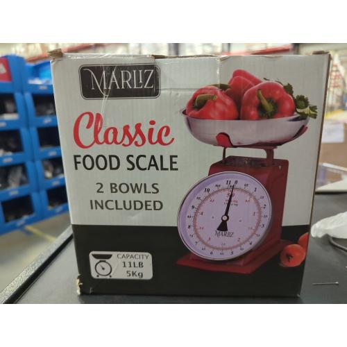 MARLIZ 11 lb/ 5Kg Mechanical Food Scale - Analog Kitchen Scale with 2 Bowls (Grams & Ounces) | Balanza de Cocina - Red Meat Scale