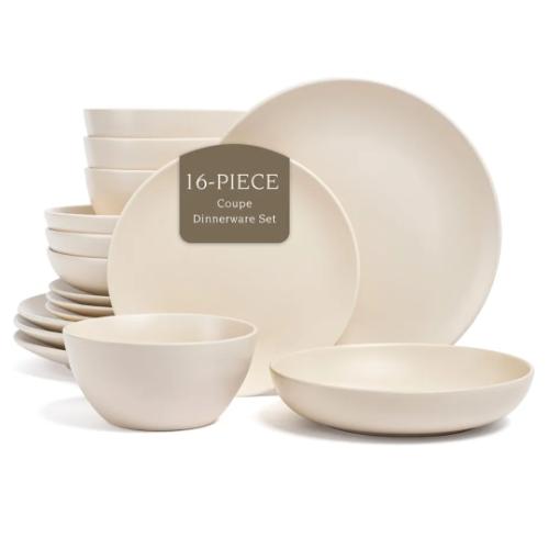 over&back Coupe Dinnerware Set - Stoneware Dishes - Comes with 4 Dinner Plates, 4 Salad Plates, 4 Cereal Bowls, and 4 Dinner Bowls - 16-Piece All-Occasion Place Settings - Semi-Matte Ivory