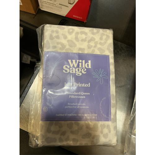 Wild Sage Brushed Cotton Percale 300-Thread-Count Standard/Queen Pillowcase in Grey Leopard