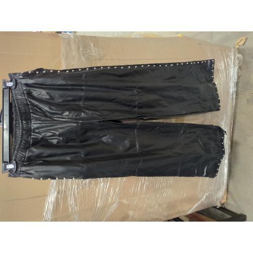 Women's L Wide Leg Faux Leather Pants Rivets Pearls Elastic Waist Beggy Trousers with Pockets