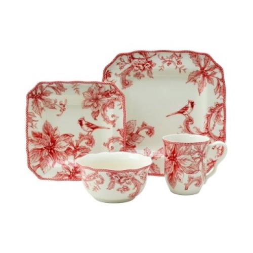 222 Fifth Christmas Lane 16-Pc Porcelain Red Dinnerware Set, Dishwasher Safe MISSING ACCESSORIES