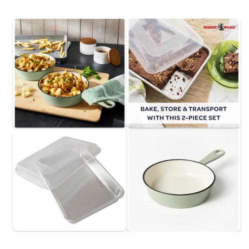 Nordic Ware Natural Aluminum Commercial Cake Pan with Lid, Rectangle Pan with Lid Silver, 9 x 13        6 Enameled Cast Iron Skillet Light Gray - Figmint™: Even-Heating, Oven-Safe, Hand Wash, Non-Induction Compatible Sage Green (item chipped)