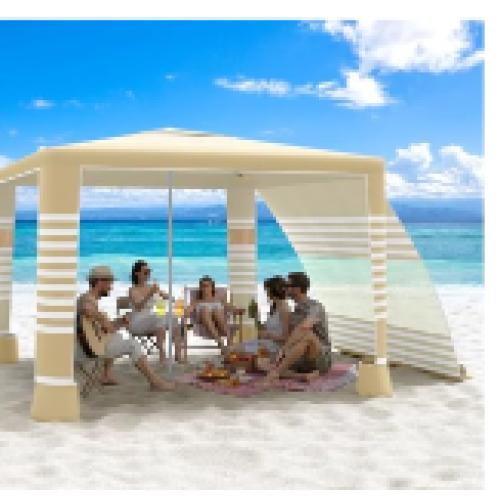 Moko Beach Cabana 8' x 8' Large Beach Canopy With Side Wall Khaki Stripe