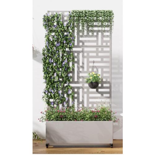 Gray Metal Planter Box with Trellis Privacy Screen Planter with Wheels Outdoor Raised Garden Bed