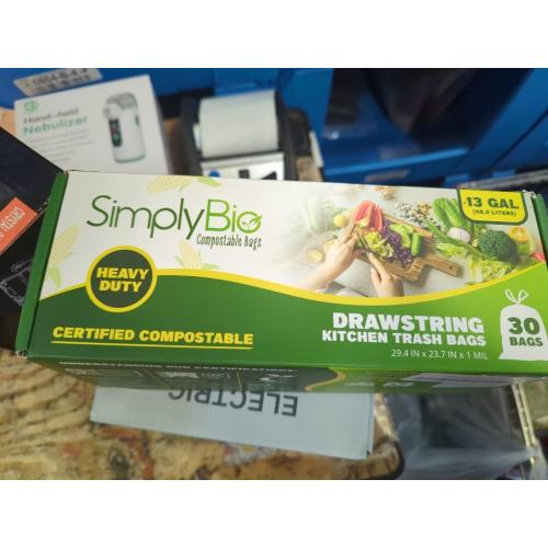 Simply Bio 13 Gallon Compostable Trash Bags Liners Drawstring, Heavy Duty Extra Thick 1 Mil, 49.21 Liter, 30 Bags, Tall Kitchen Food Scrap Waste Bag, ASTM D6400, US BPI and OK Compost Home Certified