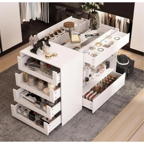 White Wood Free Standing 47.2 in. W Jewelry Armoire With Tempered Glass Top and 8-Drawers