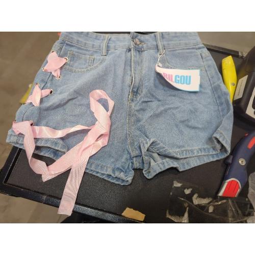 Size M...Y2K Clothes Casual High Waisted Wide Leg A-Line Vintage Pink Ribbon Trim Denim Shorts for Women