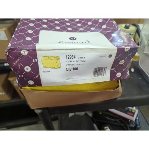 Set of 100 Color yellow Smead File Folder, Reinforced 1/3-Cut Tab, Letter Size, Yellow, 100 per Box (12934)