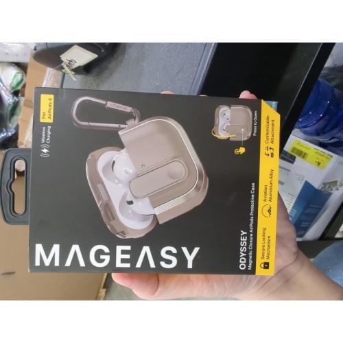MAGEASY Odyssey AirPods 4 Case Cover (Color: Sand-Brown) Rugged with Secure Lock, Carabiner Clip for Drop Protection, Wireless Charging Compatible Apple AirPod 4th Generation