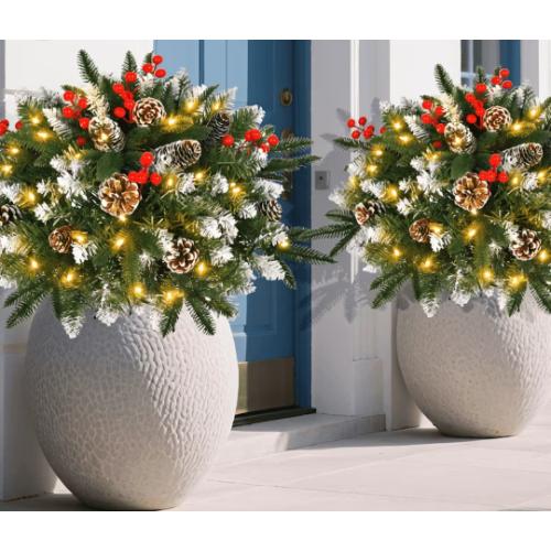 2 Pack 18 Lighted Outdoor Christmas Urn Filler with Remote & Timer, 60 LEDs Pre-lit Snowy Artificial Xmas Tree Planter Insert, Velvet Bows for Front Porch, Yard Decor(Olive Green)