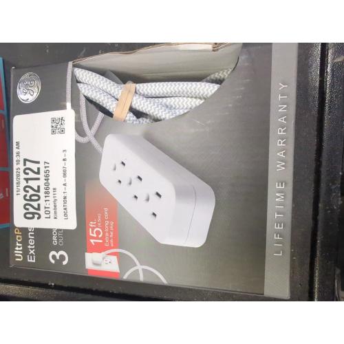GE 3-Outlet Grounded Extension Cord 15' Braided Cord Gray/White: Indoor Long Extention Cord, 16 AWG, 13 Amps, 15 ft