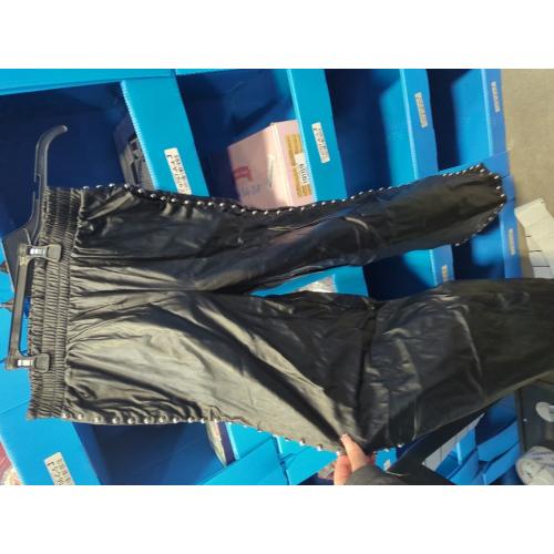 Size L Women's Wide Leg Faux Leather Pants Rivets Pearls Elastic Waist Beggy Trousers with Pockets