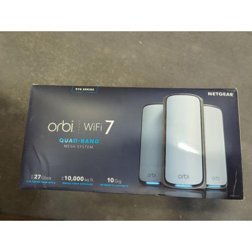NETGEAR Orbi 970 Series Quad-Band WiFi 7 Mesh Network System (RBE973S), Router   2 Satellite Extenders, Security Features, Up to 27Gbps, Covers Up to 10,000 sq. ft., 200 Devices, 10 Gig Internet Port