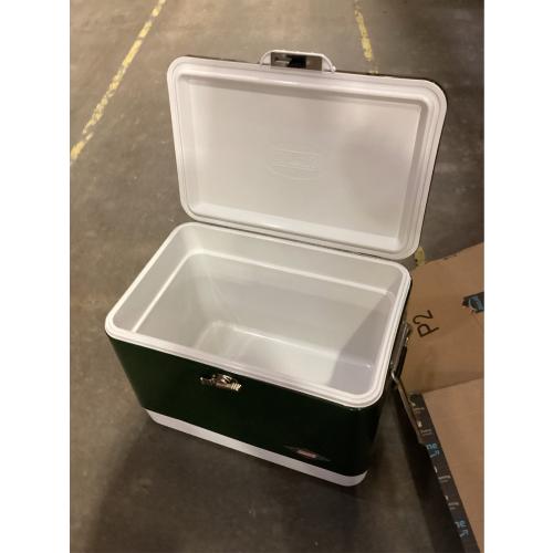 Coleman Vintage 54qt Steel Belted Cooler, Keeps Ice Up to 4 Days, 85-Can Capacity Hard Cooler with Drain & Have-A-Seat Lid has a few dents on lid and front