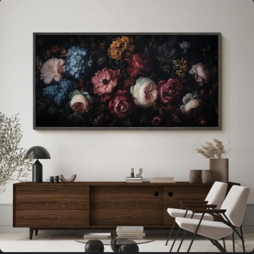 Lush Floral Arrangement With Roses And Hydrangeas Antique Retro Artwork Extra Large Painting  30 H x 60 W