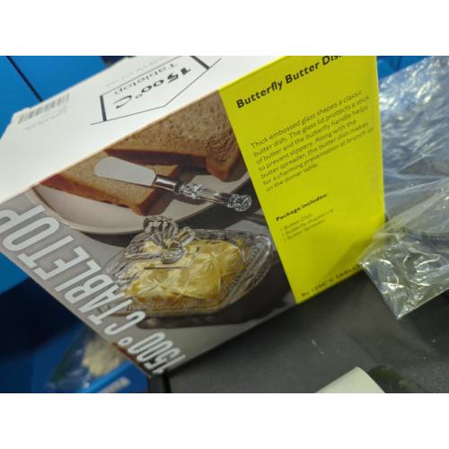 Glass Butter Dish with Lid and Stainless Steel Butter Knife, Farm House Butterfly Handle Thick Cover, European Butter Dishes, Sun Flower Butter Keeper Sticks Kitchen Dishwasher Safe
