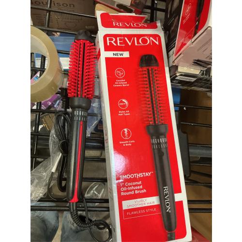 REVLON New and Improved SmoothStay Coconut Oil-Infused Heated Hair Styling Brush | 1” Barrel for Voluminous, Shiny Results (Black/Red)