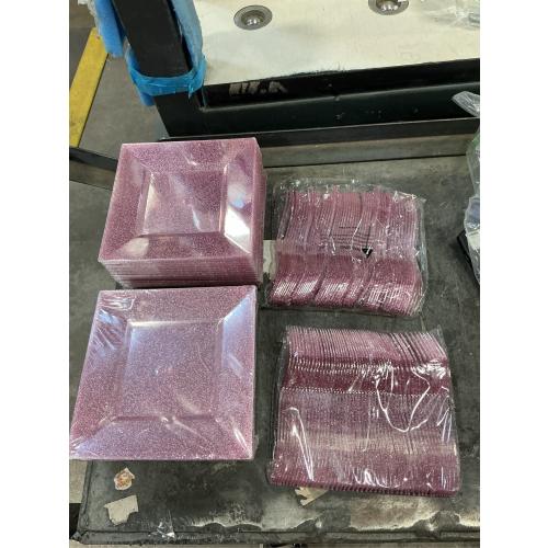 200 Pcs Pink Dessert Plates Including 100Pcs Appetizer plates 6'',100Pcs Plastic Forks 5.7'',Rose Glitter Plastic Square Plate for Wedding,Pink Salad plates and Cake forks for Birthday Party