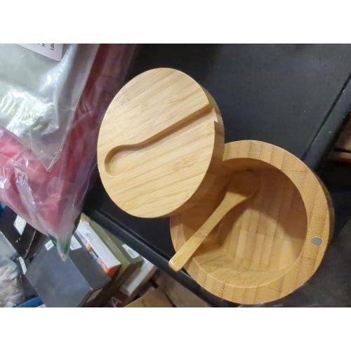 HTB Bamboo Salt Cellar with Mini Spoon, Kitchen Salt Box with Swivel Magnetic Closure Lid, Round Salt Container to Storage Pepper Spice Bath Salt Sea Salt