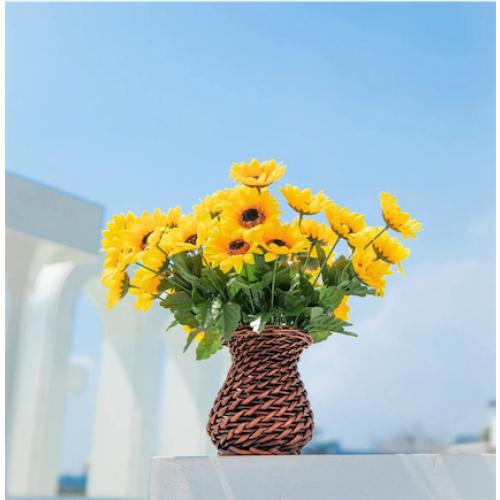 Velener Artificial Silk Sunflower with Rattan Vase Daisy Arrangement, Flowers & Stems, Sunflower Bouquet, Handmade Willow, Fake Flowers in Vase for Home Decor