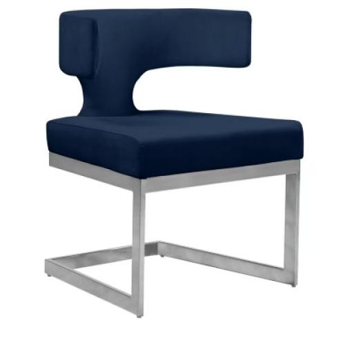 Pemberly Row Contemporary Navy Velvet Dining Chair with Rich Chrome Metal Base