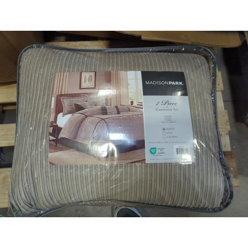 Queen Madison Park Cozy Comforter Set Casual Blocks Design All Season, Matching Bed Skirt, Decorative Pillows, Dallas Corduroy, Taupe Brown, 7 Piece
