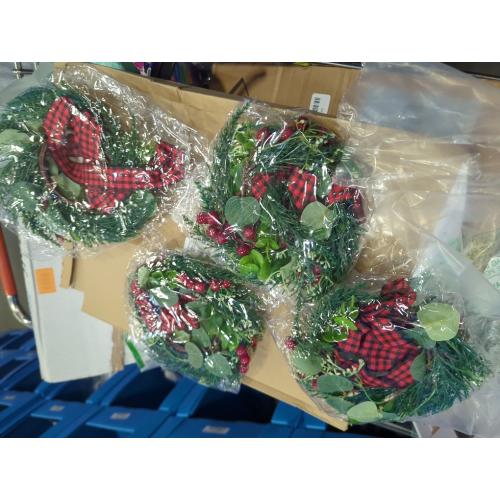 4 Pcs 9.5 Mini Christmas Wreath for Cabinets, Christmas Wreath for Kitchen Decor, Mini Wreaths with Ribbon and Cherry, Door or Kitchen Decor