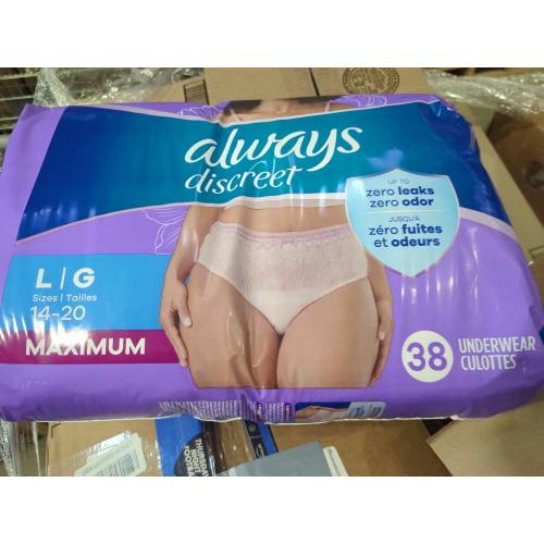 Always Discreet Adult Incontinence Underwear for Women and Postpartum Underwear, Large, Up to 100% Bladder Leak Protection, 38 Count
