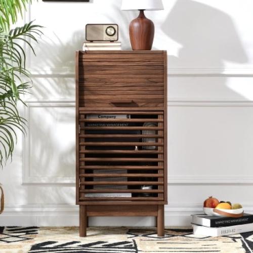 Mid-Century Modern Accent Cabinet, Narrow Cabinet with Tambour Sliding Door and Slatted Front Design, Storage Cabinet with Adjustable Shelf for Living Room, Entryway, Hallway or Small Spaces
