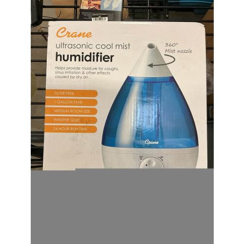 Crane Ultrasonic Cool Mist Teardrop Humidifier for Baby Nursery, Bedroom, Office, Large Room, Adjustable Humidity, Auto Shut-Off, Easy Clean Blue & White 1 Gallon
