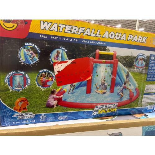 Inflatable Waterfall Aqua Park with Pool and Slides and Cannons. L 14.8' x W 14.4' x H 7.5'