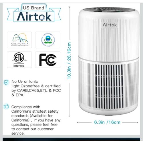 Airtok Air Purifier for Home Bedroom with H13 True HEPA Filter for Smoke, Smokers, Dust, Odors, Pollen, Pet Dander