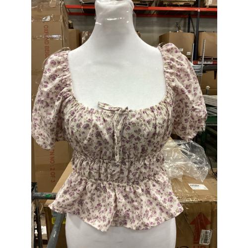 Women's Ruched Floral Print Puff Sleeve Blouse Elegant Square Neck Ruffle Hem Peplum Tops Summer Flowy Tops MEDIUM