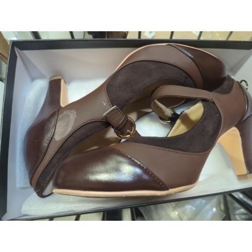 Size 8 Color Brown  Women Kitten Heel Mary Jane Pumps Closed Round Toe Ankle Strap Patchwork Comfy 3” Mid Chunky Mary Jane Heels Cap Toe Two Tone Buckle Dress Shoes Ladies Wedding Vintage 4-11 M US