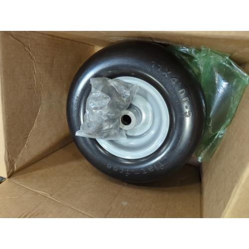 2pack 11x4.00-5 Flat Free Solid Tubeless Tire w/Silvery Steel Rim Fits Zero Turn Mowers, 3.4-4-4.5-5 Centered Hub, Bore ID: 3/4 or 5/8, Come with Universal Adapter Kit, Set of 2