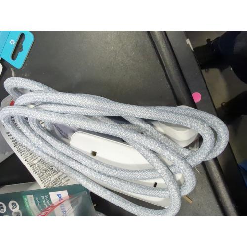 GE 2-Outlet Extension Cord 2 USB-A 1 USB-C 12W 6' Braided White/Gray