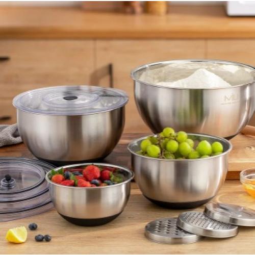 MIU Stainless Steel Mixing Bowls 8 Piece Set with Graters & Lids. NEW.