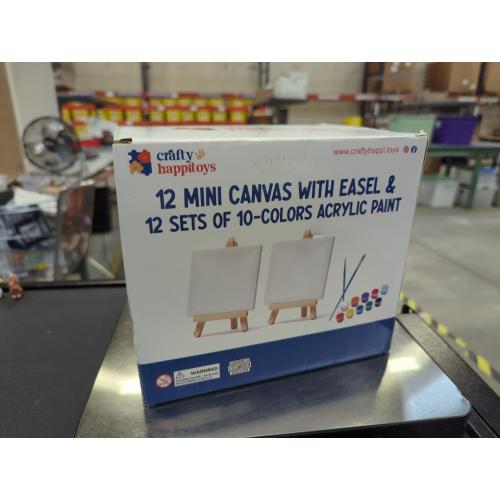 Mini Canvas and Easel Set with 10 Colors Acrylic Paint in Bulk Set of 12 - Kids Art Party Favors & Party Supplies - 4x4 Small Canvases for Painting with Mini Easel - Paint for Kids