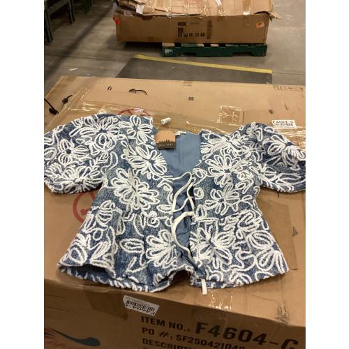 Denim Embroidered Crop Top with Front Tie Detail SIZE SMALL