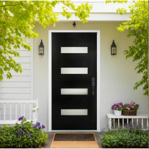 36 in. x 80 in. Black Fiberglass Front Entry Door with Frosted Glass (Door handle NOT included)